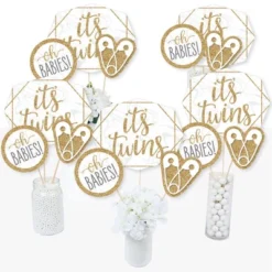 Big Dot Of Happiness It's Twins - Gold Twins Baby Shower Centerpiece Sticks - Table Toppers - Set Of 15