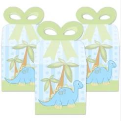Big Dot Of Happiness Baby Boy Dinosaur - Square Favor Gift Boxes - Baby Shower Or Birthday Party Bow Boxes - Set Of 12