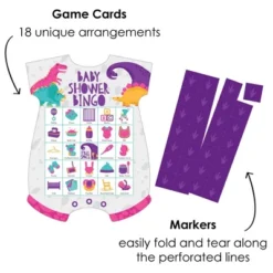 Big Dot Of Happiness Roar Dinosaur Girl - Picture Bingo Cards And Markers - Dino Mite Trex Baby Shower Shaped Bingo Game - Set Of 18
