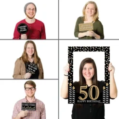 Big Dot Of Happiness Adult 50th Birthday - Gold - Birthday Party Selfie Photo Booth Picture Frame & Props - Printed On Sturdy Material