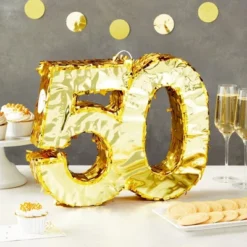 Sparkle And Bash 50th Gold Foil Pinata Number For Birthday And 50 Year Golden Anniversary Party Supplies Decorations, 16 X 13.2 In