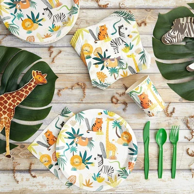 Blue Panda 144 Piece Jungle Safari Theme Birthday Party Decorations, Zoo Animal Dinnerware Plates, Napkins, Cups, And Cutlery 2 Blue Panda 144 Piece Jungle Safari Theme Birthday Party Decorations, Zoo Animal Dinnerware Plates, Napkins, Cups, And Cutlery - Image 2