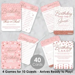Big Dot Of Happiness Pink Rose Gold Birthday - 4 Happy Birthday Party Games - 10 Cards Each - Gamerific Bundle