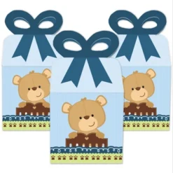 Big Dot Of Happiness Baby Boy Teddy Bear - Square Favor Gift Boxes - Baby Shower Bow Boxes - Set Of 12
