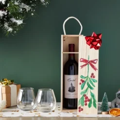 Juvale Wooden Wine Bottle Gift Box With Handle For Holidays, Anniversary, Wedding, Housewarming, 4 X 14 Inches