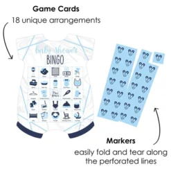 Big Dot Of Happiness It’s Twin Boys - Picture Bingo Cards And Markers - Blue Twins Baby Shower Shaped Bingo Game - Set Of 18