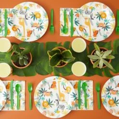 Blue Panda 144 Piece Jungle Safari Theme Birthday Party Decorations, Zoo Animal Dinnerware Plates, Napkins, Cups, And Cutlery