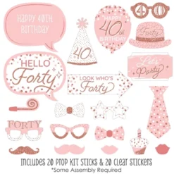 Big Dot Of Happiness 40th Pink Rose Gold Birthday - Happy Birthday Party Photo Booth Props Kit - 20 Count