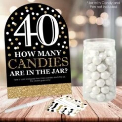 Big Dot Of Happiness Adult 40th Birthday - Gold - How Many Candies Birthday Party Game - 1 Stand And 40 Cards - Candy Guessing Game