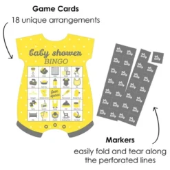 Big Dot Of Happiness Hello Little One - Yellow And Gray - Picture Bingo Cards And Markers - Neutral Baby Shower Shaped Bingo Game - Set Of 18