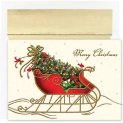 Masterpiece Studios Holiday Collection 15-Count Boxed Embossed Christmas Cards With Foil-Lined Envelopes, 7.8" X 5.6", Holiday Sleigh (843800)