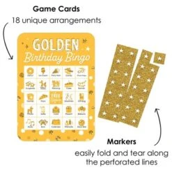 Big Dot Of Happiness Golden Birthday - Picture Bingo Cards And Markers - Birthday Party Bingo Game - Set Of 18