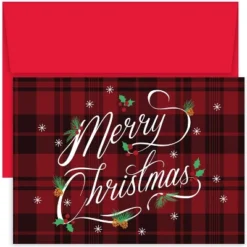 Masterpiece Studios Hollyville 16-Count Christmas Cards In Keepsake Box, Plaid Merry Christmas (880600)