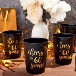 Sparkle And Bash 16 Pack 60th Birthday Party Decorations, Black Plastic Tumblers, Cheers To 60 Years Cups For Milestone, Anniversary (16 Oz)