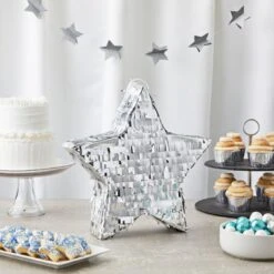 Sparkle And Bash Silver Foil Star Pinata For Kids Birthday, Twinkle Twinkle Little Star Gender Reveal Party Decorations (Small, 13 X 13 X 3 In)
