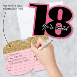 Big Dot Of Happiness Chic 18th Birthday - Pink, Black And Gold - Shaped Fill-in Invites - Birthday Party Invitation Cards With Envelopes - Set Of 12