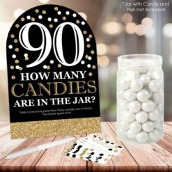 Big Dot Of Happiness Adult 90th Birthday - Gold - How Many Candies Birthday Party Game - 1 Stand And 40 Cards - Candy Guessing Game