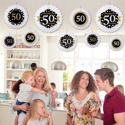 Big Dot Of Happiness Adult 50th Birthday - Gold - Hanging Birthday Party Tissue Decoration Kit - Paper Fans - Set Of 9 2 Big Dot Of Happiness Adult 50th Birthday - Gold - Hanging Birthday Party Tissue Decoration Kit - Paper Fans - Set Of 9 - Image 2
