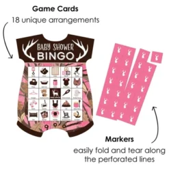 Big Dot Of Happiness Pink Gone Hunting - Picture Bingo Cards And Markers - Deer Hunting Girl Camo Baby Shower Shaped Bingo Game - Set Of 18