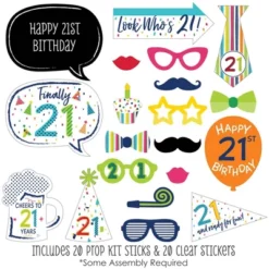 Big Dot Of Happiness 21st Birthday - Cheerful Happy Birthday - Colorful Twenty-First Birthday Party Photo Booth Props Kit - 20 Count