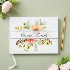 Sustainable Greetings Floral Wedding Guest Book For Reception, Baby Shower With 56 Sheets/112 Pages, Bookmark Ribbon (8x6 In)