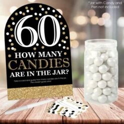 Big Dot Of Happiness Adult 60th Birthday - Gold - How Many Candies Birthday Party Game - 1 Stand And 40 Cards - Candy Guessing Game