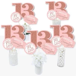 Big Dot Of Happiness 13th Pink Rose Gold Birthday - Happy Birthday Party Centerpiece Sticks - Table Toppers - Set Of 15
